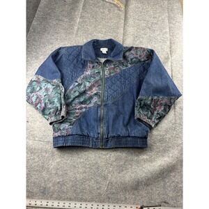 VTG LAVON 80s Jean Jacket Sz S Blue Denim Floral Quilted Patchwork Shoulder Pad‎